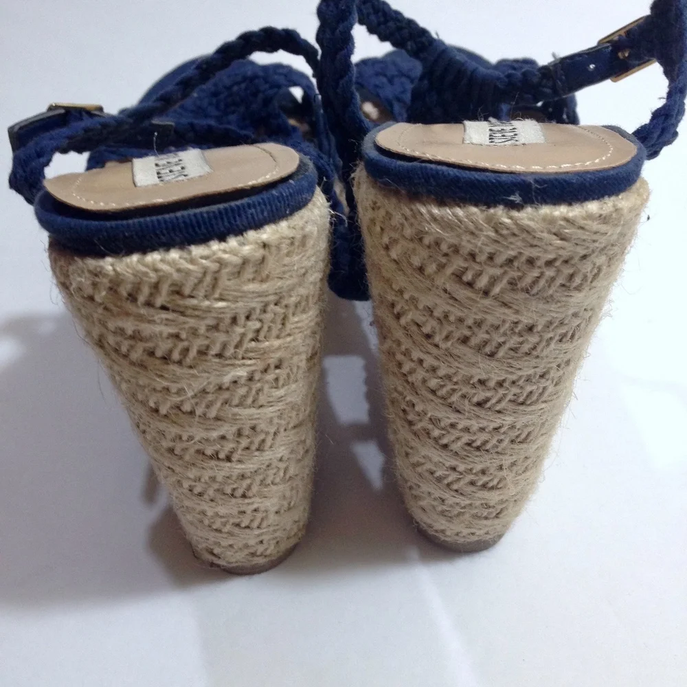Steve Madden Navy Crochet Espadrille Wedge Sandals with Braided Jute Heel